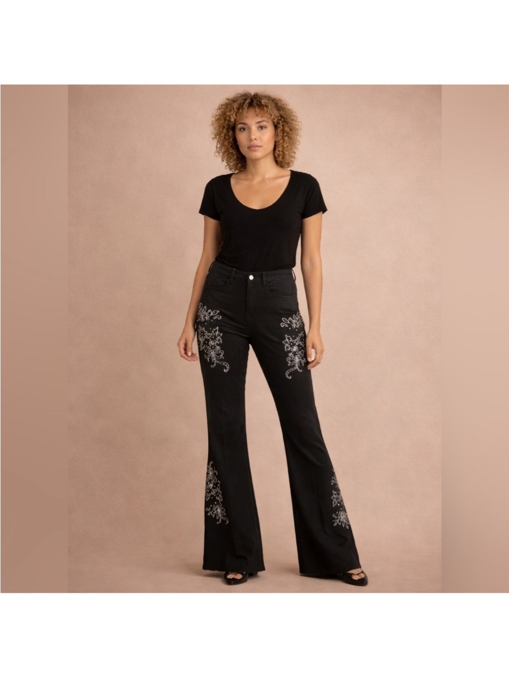 POL Black Flared Jeans with Silver Embroidery